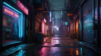 Cyberpunk-Inspired Urban Street with Glistening Reflections of Neon Signs