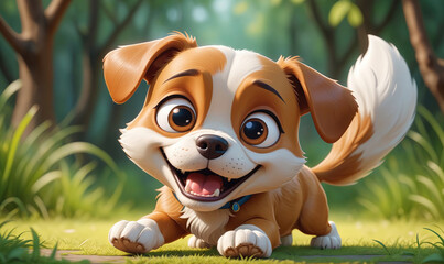 A cute brown and white puppy smiles as it plays in the grass on a sunny day