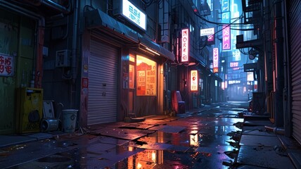 Cyberpunk-Inspired Urban Street with Glistening Reflections of Neon Signs