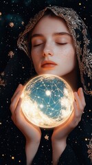 Naklejka premium Enchanting Portrait of a Woman Holding a Glowing Orb Under a Starry Sky, Symbolizing Mystical and Celestial Themes with a Touch of Fantasy and Magic