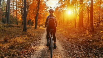 Fototapeta premium Person cycling on a dirt path surrounded by vibrant autumn foliage during sunset near a forested area