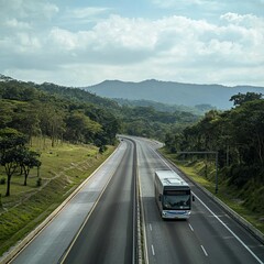 tourist bus traveling down a major highway
