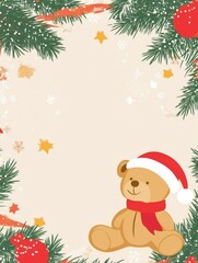 Christmas card with Bear doll and Christmas tree illustration. Christmas card