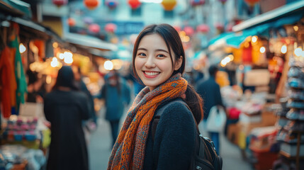 Korean woman smiling for a photo in a vibrant street market abroad, surrounded by colorful