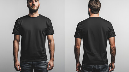 A realistic mock-up of a man wearing a plain black crew neck t-shirt, showcasing both the front and back views, isolated on a clean white background