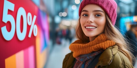 A cheerful woman enjoys a winter sale while standing near a vibrant discount display