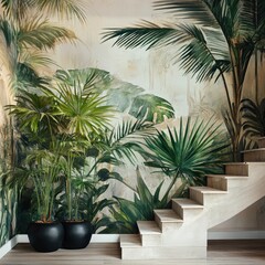 Fototapeta premium Elegant Room Design Featuring Cascading Palm Leaves and Staircase