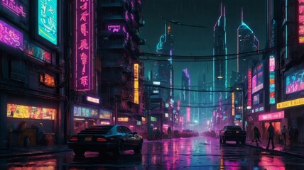 Cyberpunk-Inspired Urban Street with Glistening Reflections of Neon Signs