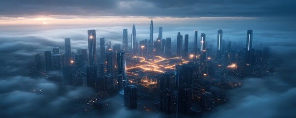 Naklejka premium A futuristic aerospace city powered by clean energy, showcasing a harmonious blend of advanced industry and sustainable practices, with cutting-edge technologies driving eco-friendly urban living.
