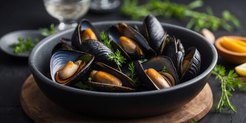 Fresh steamed mussels in a black dish garnished with herbs.