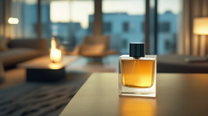 Luxurious cologne bottle in a contemporary apartment setting with subtle lighting,