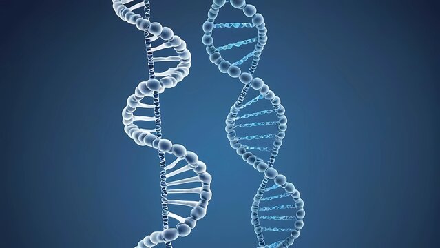 An abstract background featuring the double helix of DNA in a bright blue color