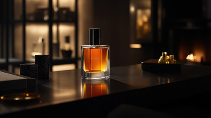 Luxurious cologne in a dimly lit contemporary apartment, featuring its sleek design