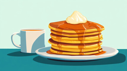 Delicious pancakes stacked high with syrup and dollop of cream, accompanied by warm cup of coffee, evoke cozy breakfast feeling.