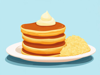 Delicious pancakes stacked high with creamy topping, served with side of fluffy grains, evoke sense of comfort and satisfaction.