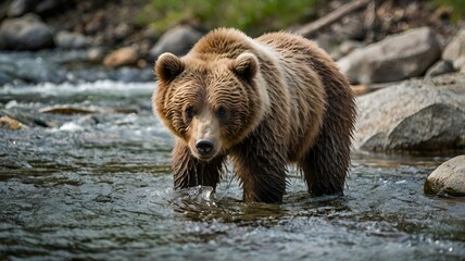 Obraz premium Grizzly Bear Cub Playing by a Mountain Stream.