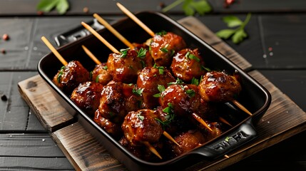 A serving of glazed meatballs on skewers garnished with parsley in a black dish.