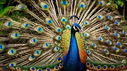 Fototapeta premium Peacock Displaying its Vibrant Feathers in a Tropical Garden.