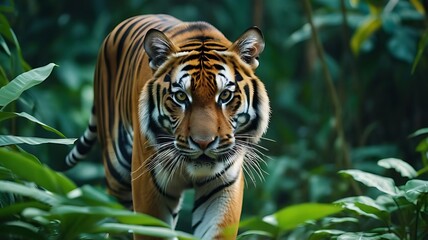 Obraz premium Close-up of a Bengal Tiger Stalking Prey in a Dense Jungle.