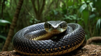 Obraz premium King Cobra Coiled and Ready to Strike in a Tropical Forest 