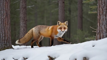 Fototapeta premium Red Fox Hunting in a Snow-Covered Pine Forest 