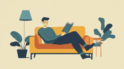 Man sitting on a cozy sofa, reading a book, flat illustration with vector graphics and a clean,