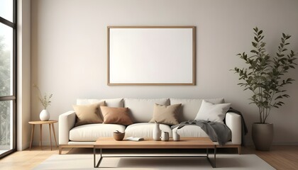 A minimalist living room with a large beige sofa, wooden coffee table, and a blank framed wall art.