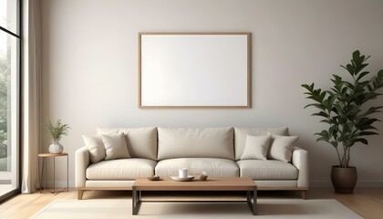A minimalist living room with a large beige sofa, wooden coffee table, and a blank framed wall art.