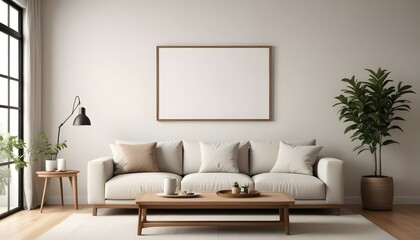 A minimalist living room with a large beige sofa, wooden coffee table, and a blank framed wall art.
