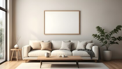 A minimalist living room with a large beige sofa, wooden coffee table, and a blank framed wall art.