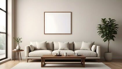 A minimalist living room with a large beige sofa, wooden coffee table, and a blank framed wall art.