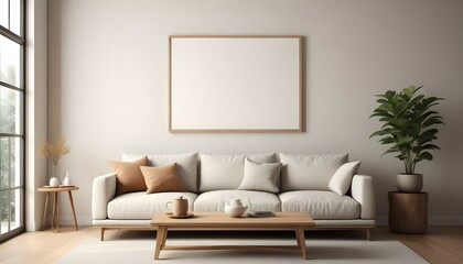 A minimalist living room with a large beige sofa, wooden coffee table, and a blank framed wall art.
