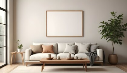 A minimalist living room with a large beige sofa, wooden coffee table, and a blank framed wall art.