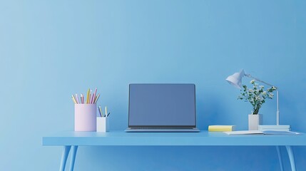 Blue Desk with Laptop and Supplies