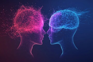 Abstract depiction of two human silhouettes with vibrant glowing neural connections representing the dynamic energy and synergy of thoughts and ideas in a futuristic digital setting