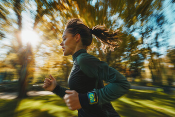 Advanced Healthcare: A dynamic action shot of a runner wearing a fitness tracker, the display showing real-time health metrics.