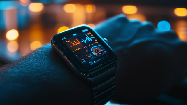 Advanced Healthcare: A close-up photograph of a sleek smartwatch on a wrist, displaying real-time health metrics.