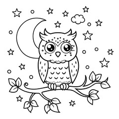 Fototapeta premium Adorable Owl on Tree Branch Under Moon and Stars for Coloring