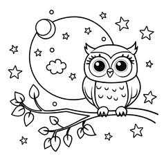 Fototapeta premium Adorable Owl on Tree Branch Under Moon and Stars for Coloring