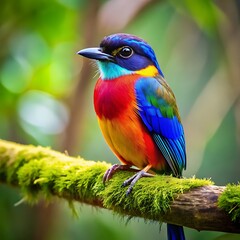 Fototapeta premium A colorful Bird sitting on a branch. Walpaper, Photo or Background. Ai Generated 