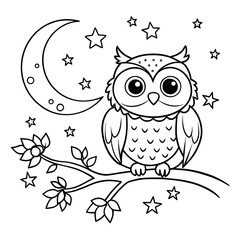 Fototapeta premium Adorable Owl on Tree Branch Under Moon and Stars for Coloring