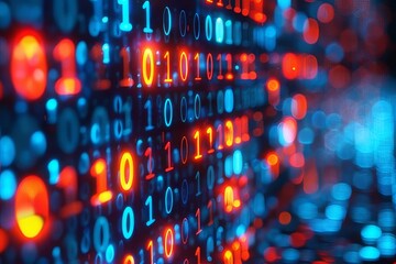 Vibrant binary code illuminated in bright colors creates a digital landscape filled with ones and zeros