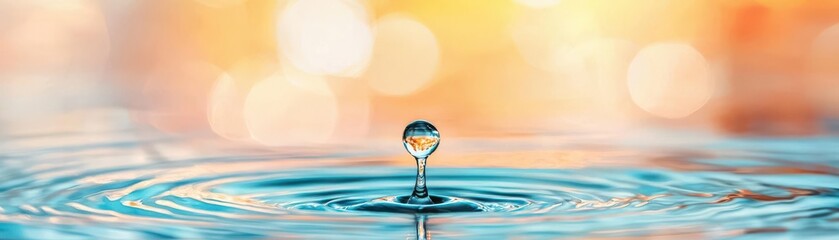 Water droplet hitting calm surface, ripples spreading, serene tranquility, beauty of water dynamics, peaceful ambiance, soft tones, gentle movement