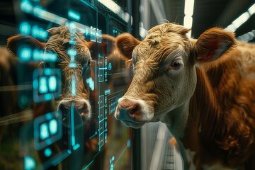 Cow observing digital interface in a modern farming facility during daytime with advanced technology integration