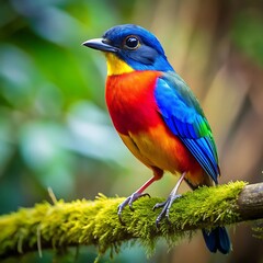 Fototapeta premium A colorful Bird sitting on a branch. Walpaper, Photo or Background. Ai Generated 