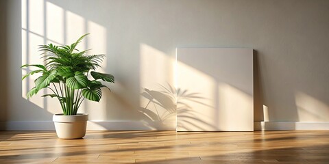 Fototapeta premium Minimalist home decor with blank canvas and tropical plant creating serene atmosphere in warm sunlight