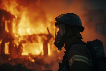 Naklejka premium Firefighter standing bravely before raging flames during an intense rescue operation amidst a burning building