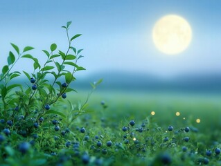 Obraz premium Moonlit blueberry field glowing softly in the twilight hours of a serene summer night