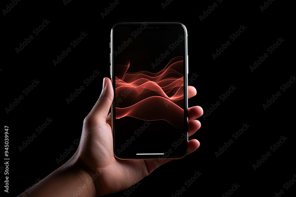 Wall mural A person holds a smartphone displaying vibrant red wave patterns against a dark background in a low-light setting