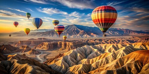 Obraz premium Desert skies hot air balloons soaring over rugged mountains and vast open desert, evoking a sense of breathtaking adventure and freedom
